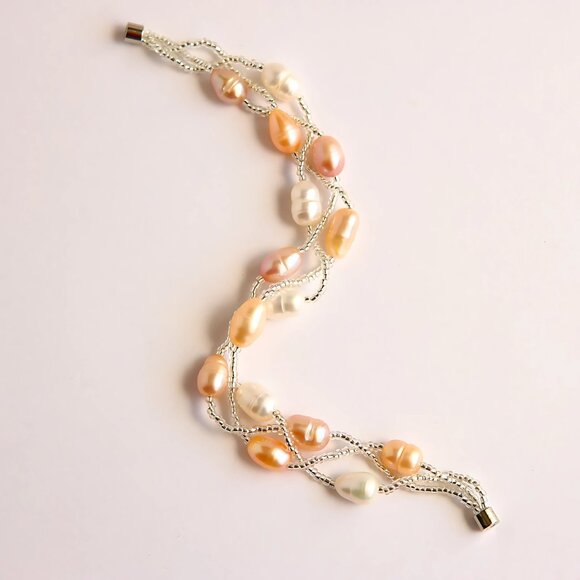 Layered Freshwater Pearl Bracelet – Pink Peach Ivory – Sterling Silver Clasp - Picture 3 of 4